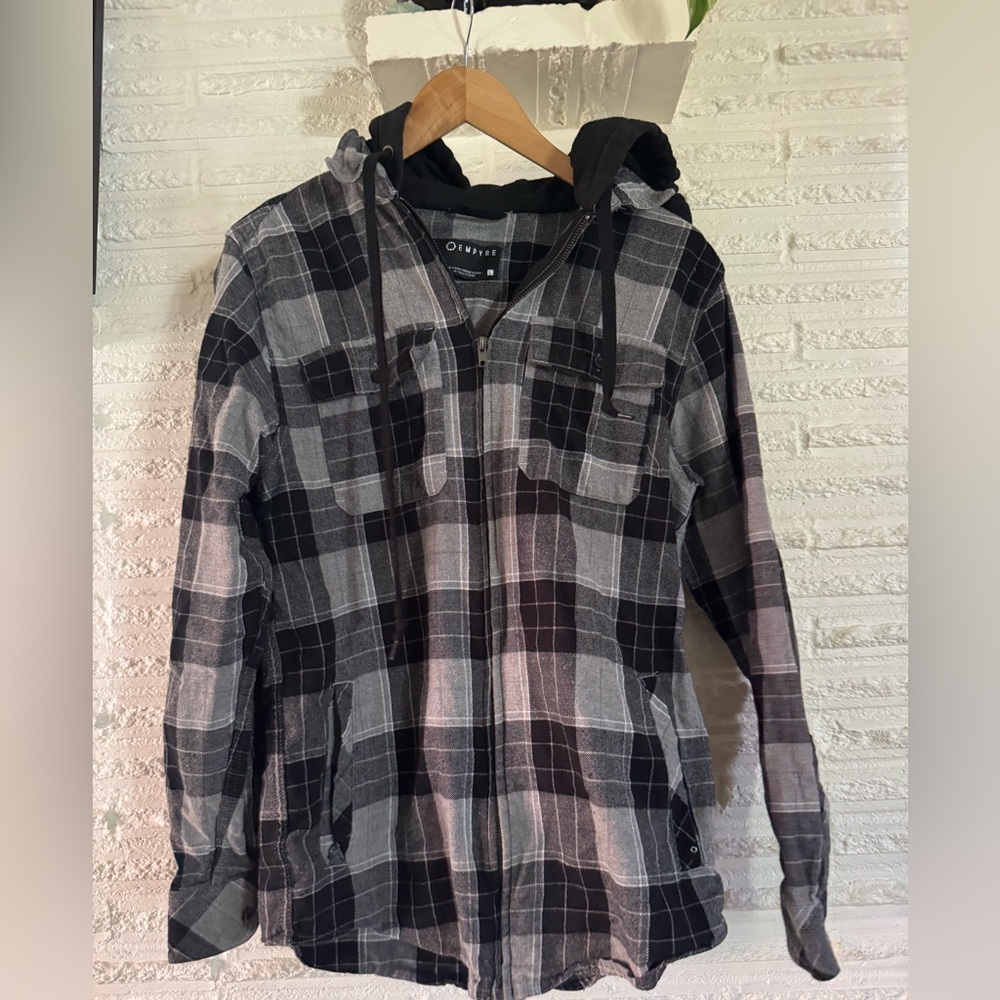 Empyre Red and Black Plaid Hooded Jacket with pockets zip up